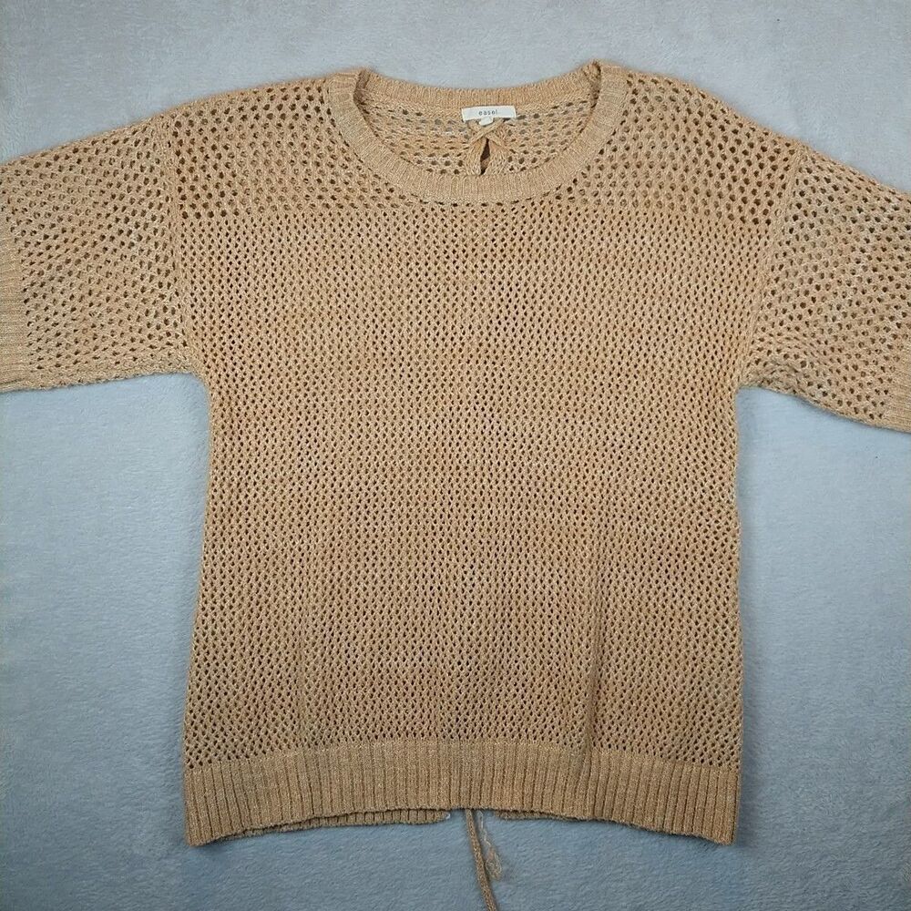 Easel Sweater Women's Medium Open Knit Short Sleeve Tie Back Orange Artsy